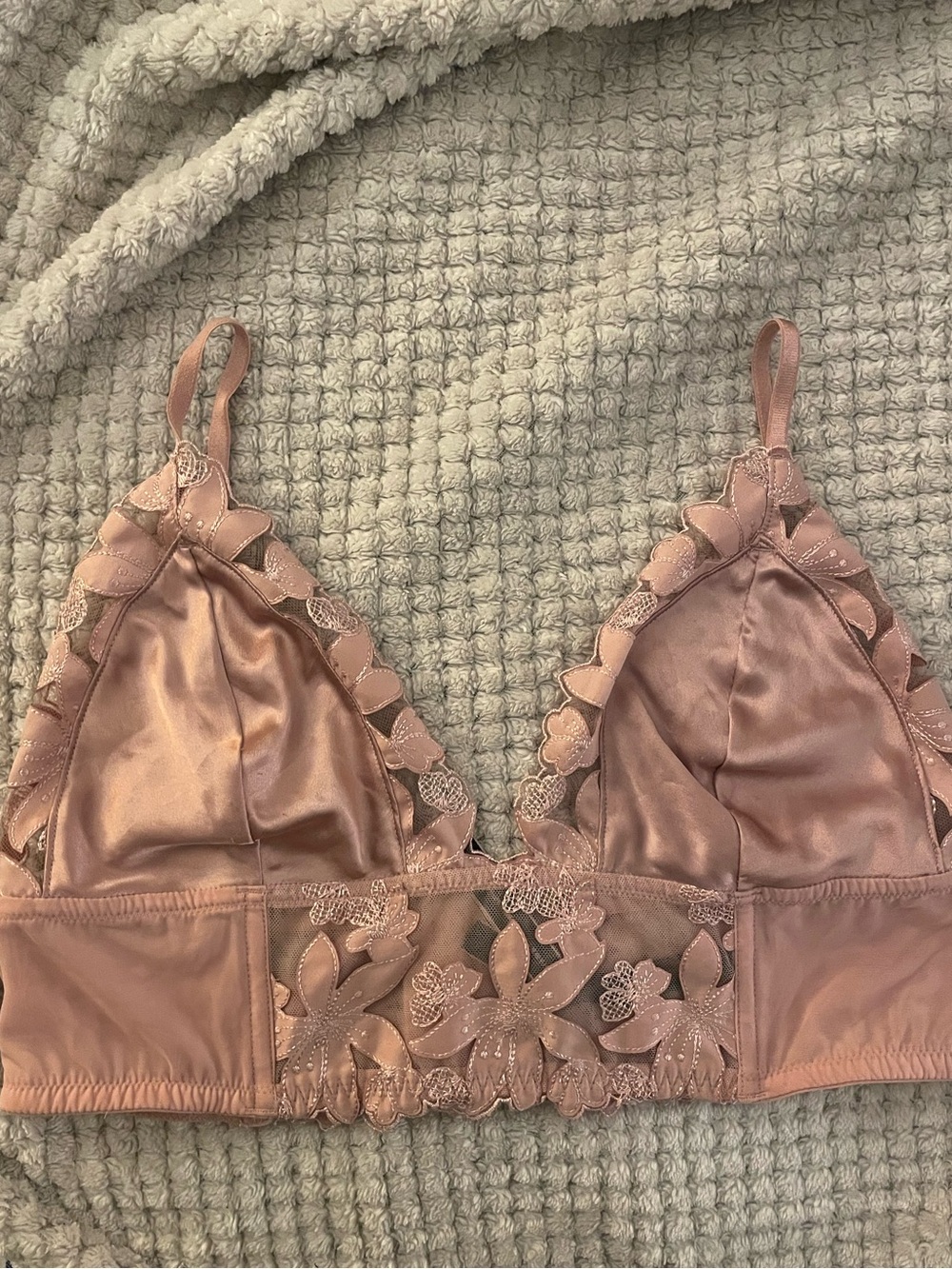 Victoria's Secret Satin & Floral Lace Longline Bralette in Blush Pink